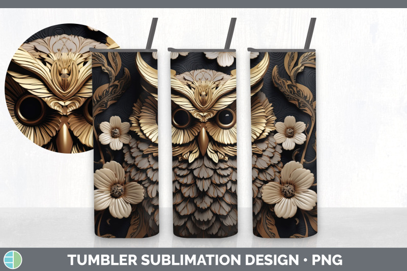 3d-black-and-gold-owl-bird-tumbler-sublimation-20-oz-skinny-tumbler