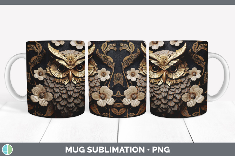 3d-black-and-gold-owl-bird-mug-wrap-sublimation-coffee-cup-design