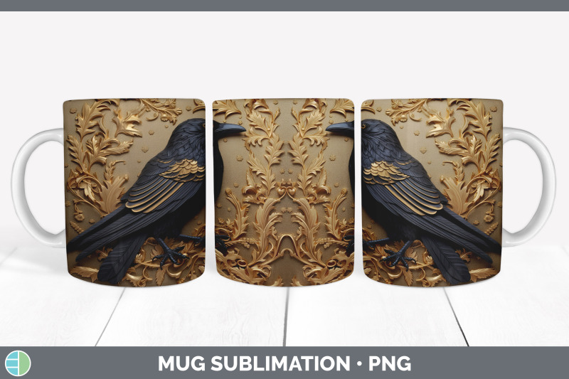 3d-black-and-gold-crow-bird-mug-wrap-sublimation-coffee-cup-design