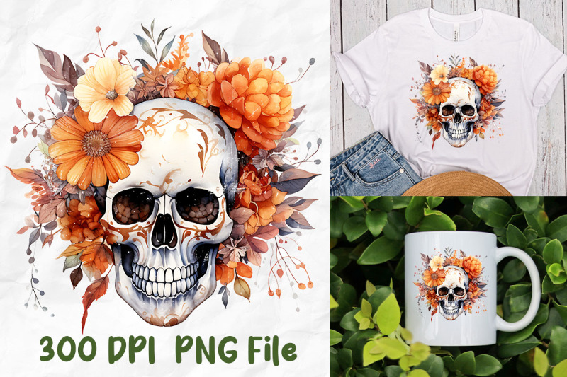 halloween-skull-autumn-leaves-flowers