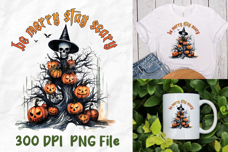 be-merry-stay-scary-skull-pumpkin-tree