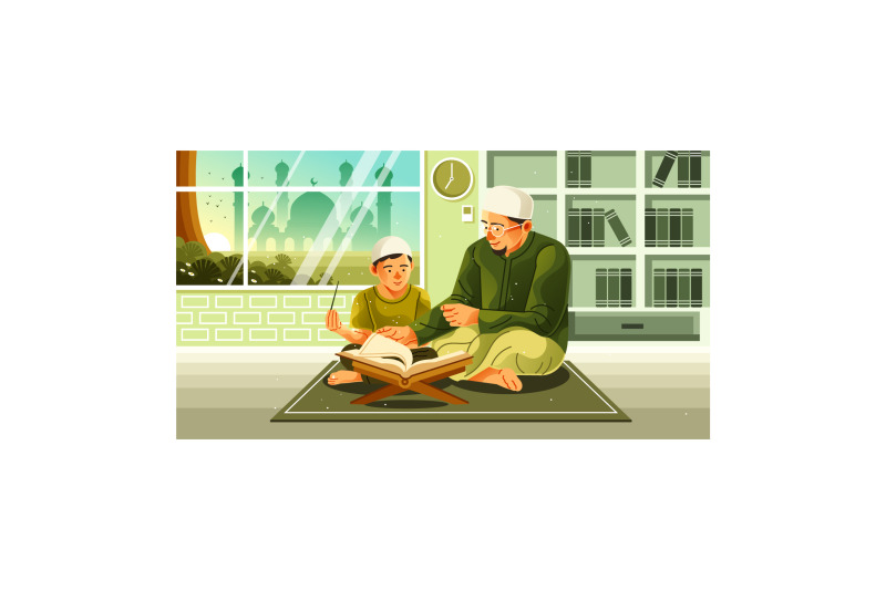 muslim-father-teaching-quran-to-son-illustration