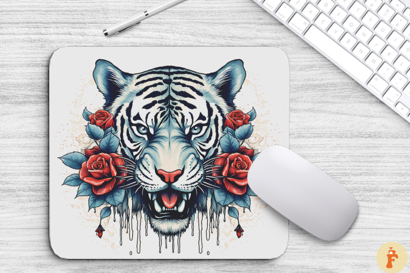 tiger-039-s-face-with-rose-flowers-mouse-pad