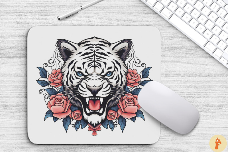 tiger-039-s-face-with-rose-flowers-mouse-pad