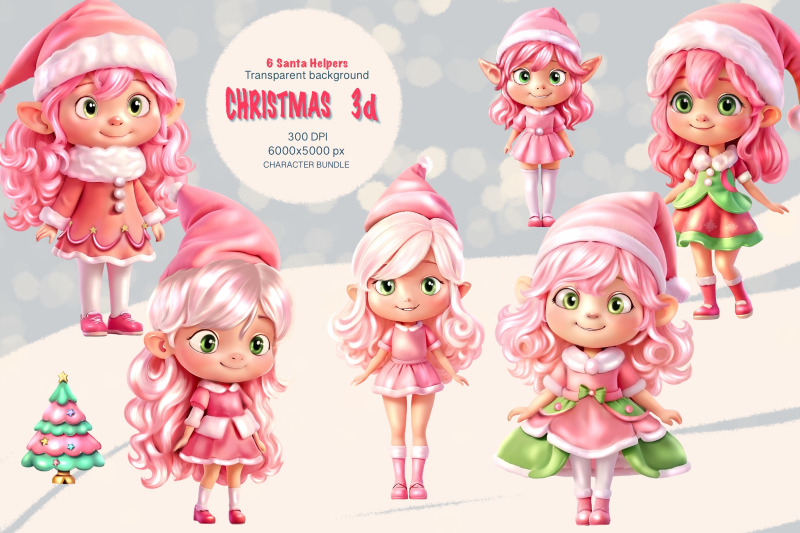 3d-christmas-pink-elf-characters-bundle-set-of-6-girls