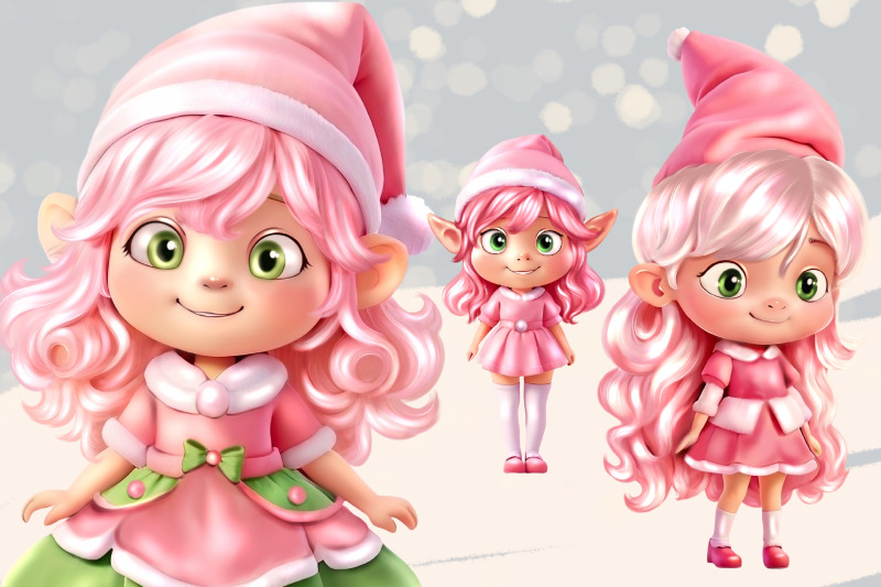 3d-christmas-pink-elf-characters-bundle-set-of-6-girls