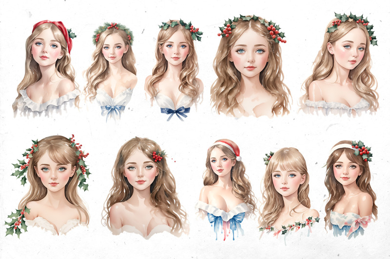 watercolor-christmas-beautiful-girl-png-clipart-bundle