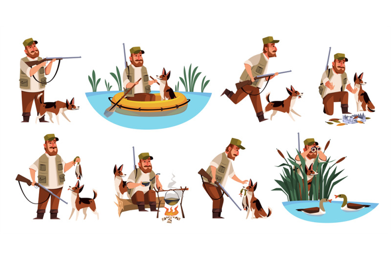 cartoon-hunter-character-funny-dog-and-cute-owner-on-duck-hunting-si