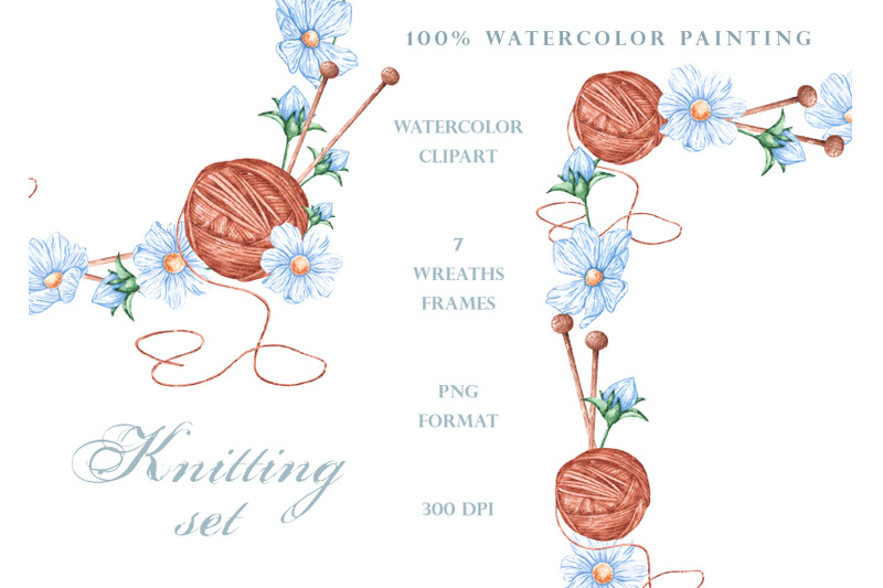 knitting-watercolor-frames-wreaths-logo-knitting-tools-needlework