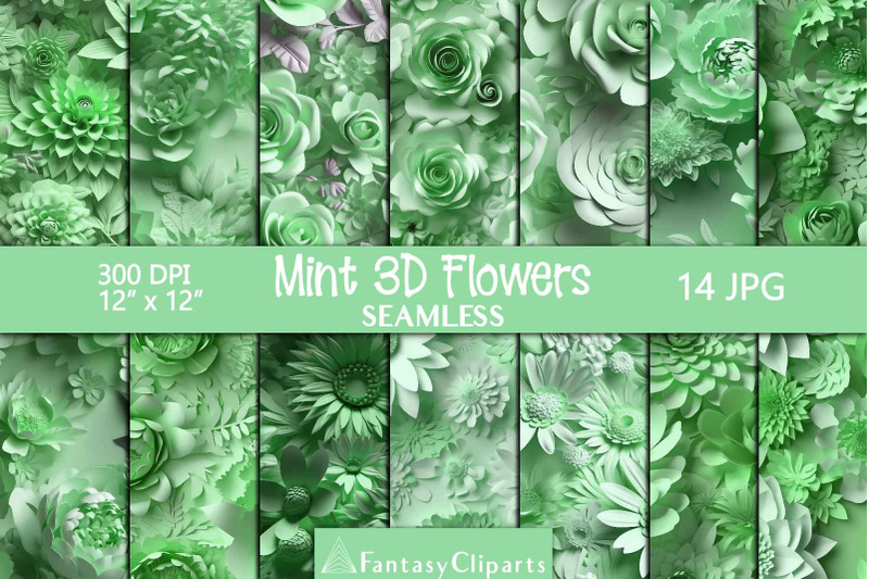 mint-3d-flowers-digital-paper-floral-seamless-patterns