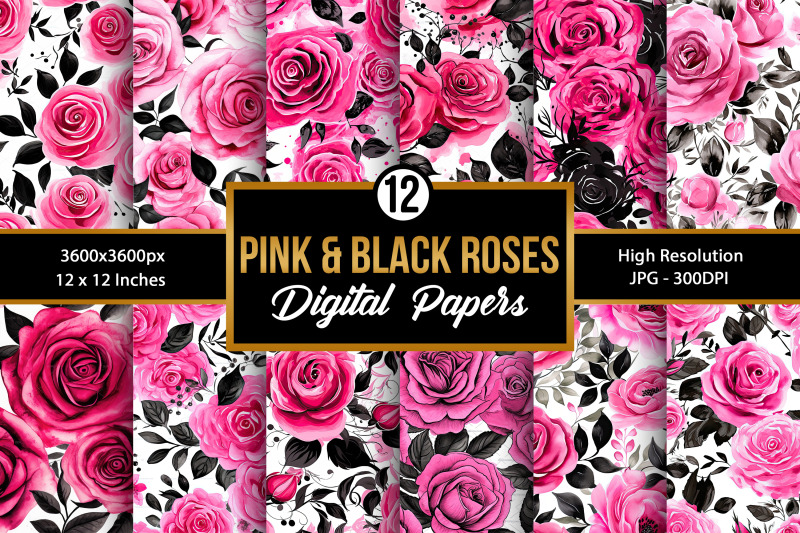 pink-and-black-watercolor-roses-digital-papers