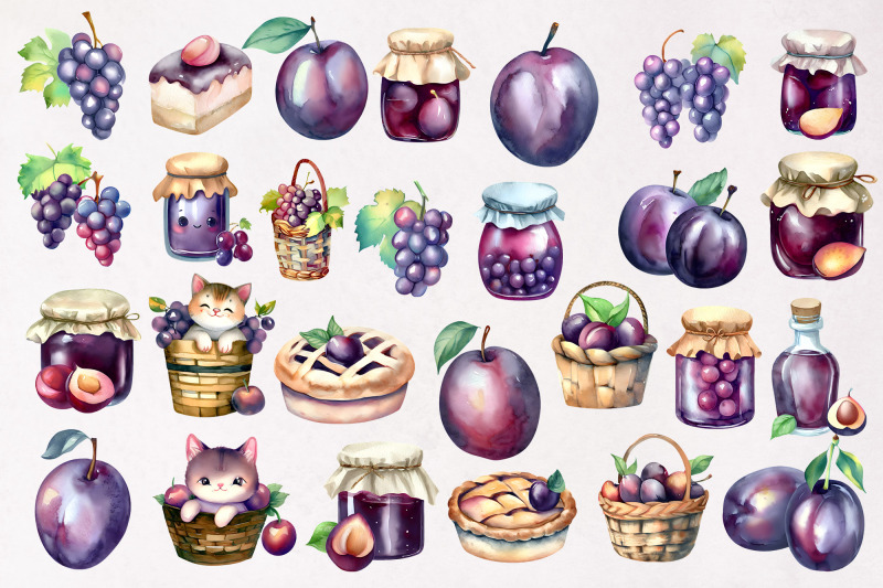 plum-and-grape-watercolor-illustrations-png-clipart-bundle