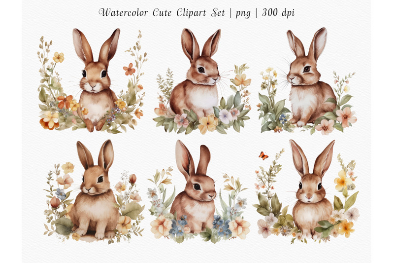 furry-bunny-watercolor-clipart-set