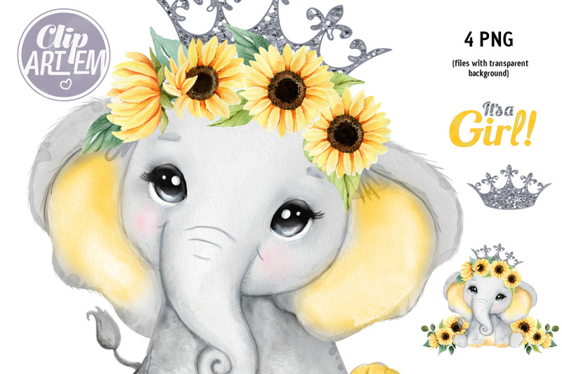 sunflower-elephant-baby-princess-4-png-watercolor-clip-art-images-set