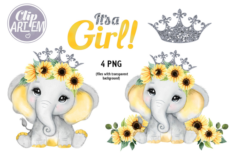 sunflower-elephant-baby-princess-4-png-watercolor-clip-art-images-set