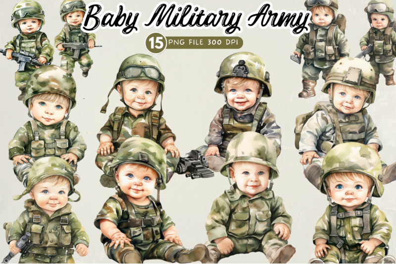 baby-military-army-watercolor-clipart-bundle