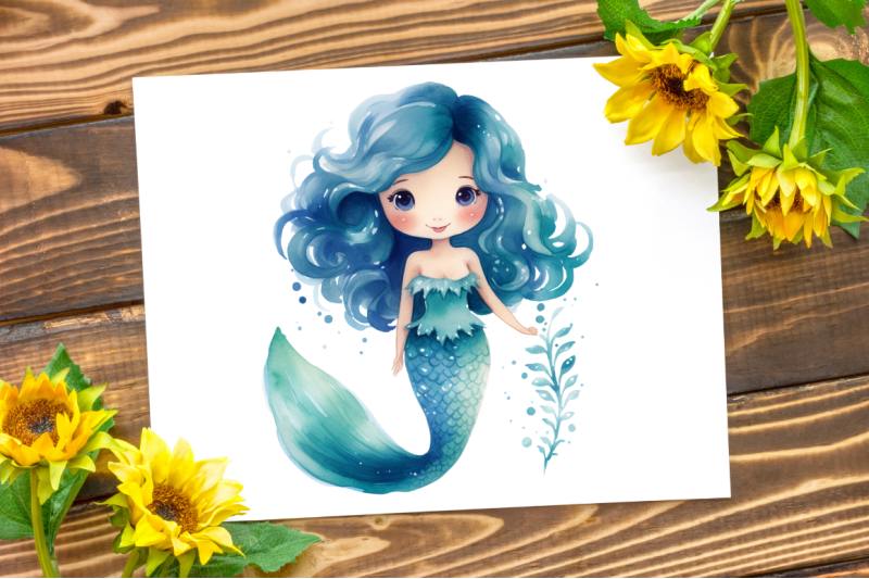 cute-mermaid-watercolor-clipart-bundle