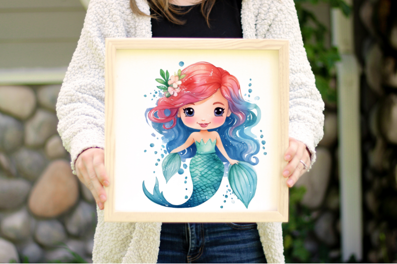 cute-mermaid-watercolor-clipart-bundle