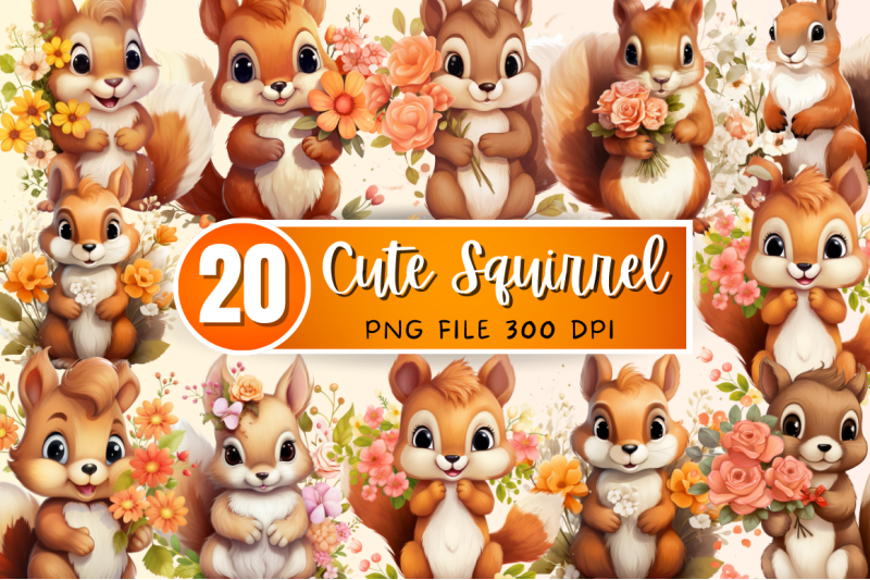 cute-squirrel-with-flowers-clipart-bundle