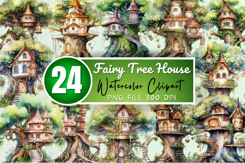 fairy-tree-house-watercolor-clipart-bundle