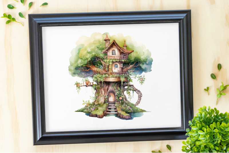 fairy-tree-house-watercolor-clipart-bundle