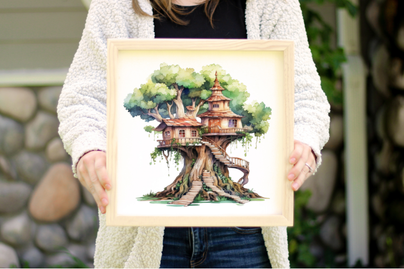 fairy-tree-house-watercolor-clipart-bundle