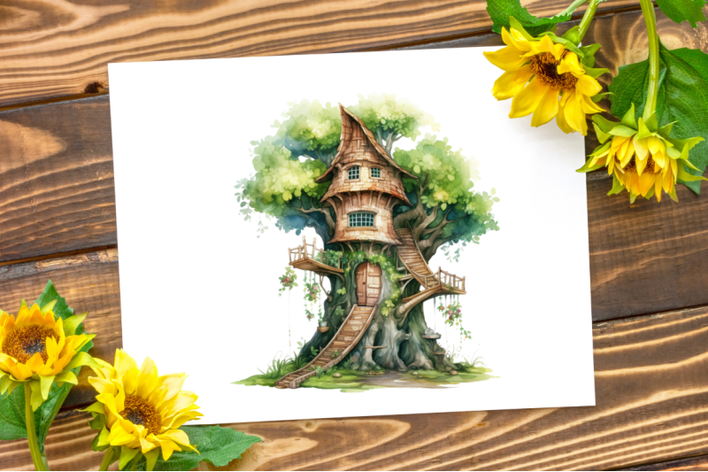 fairy-tree-house-watercolor-clipart-bundle