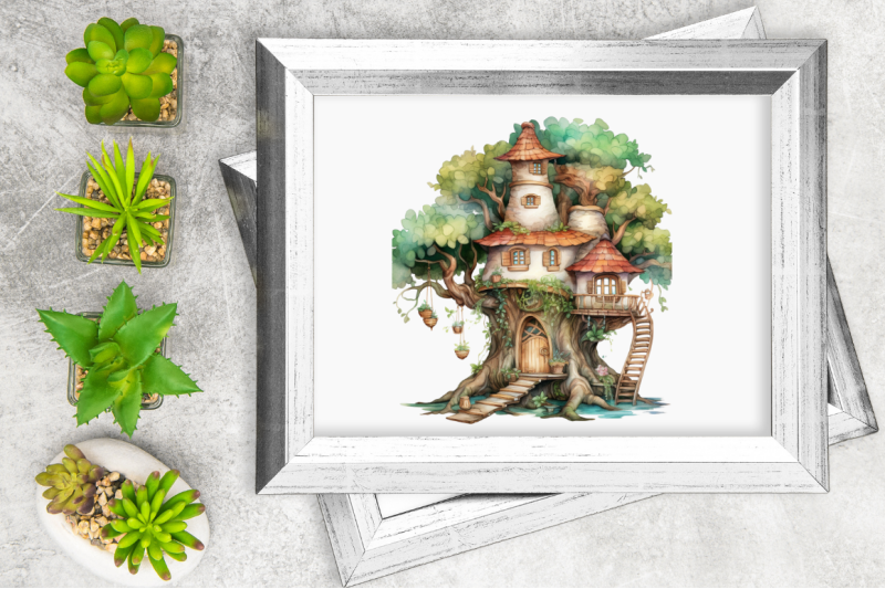 fairy-tree-house-watercolor-clipart-bundle