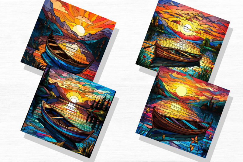 free-stained-glass-rowboat-lake-sunset-backgrounds-bundle