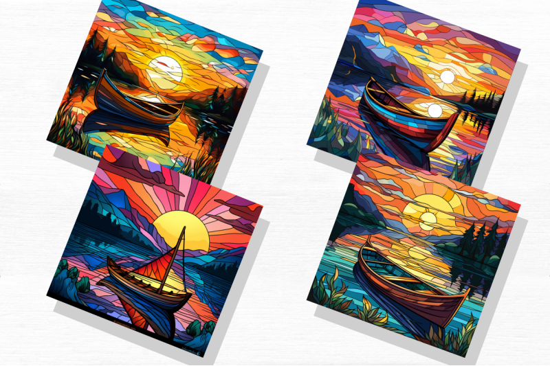 free-stained-glass-rowboat-lake-sunset-backgrounds-bundle