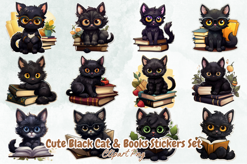 cute-black-cat-amp-books-stickers-set