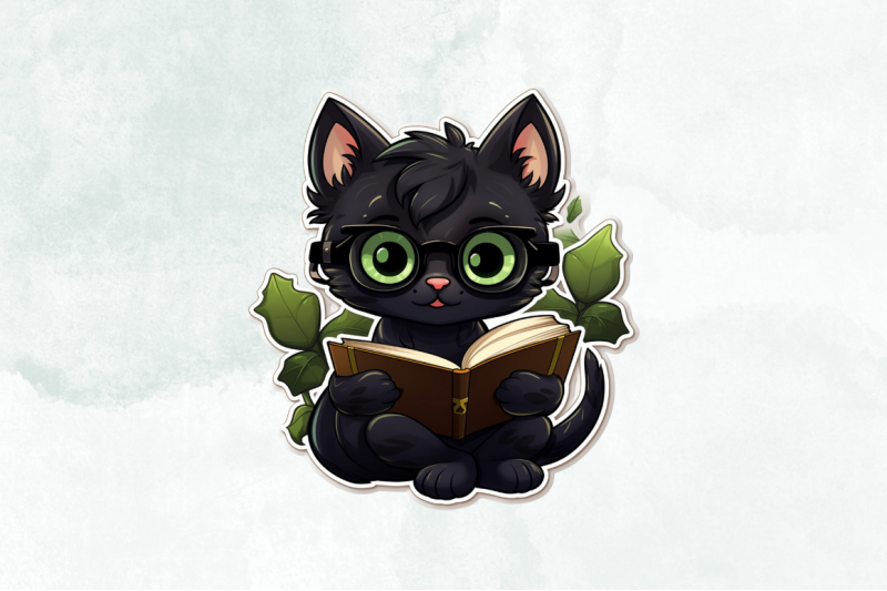 cute-black-cat-amp-books-stickers-set