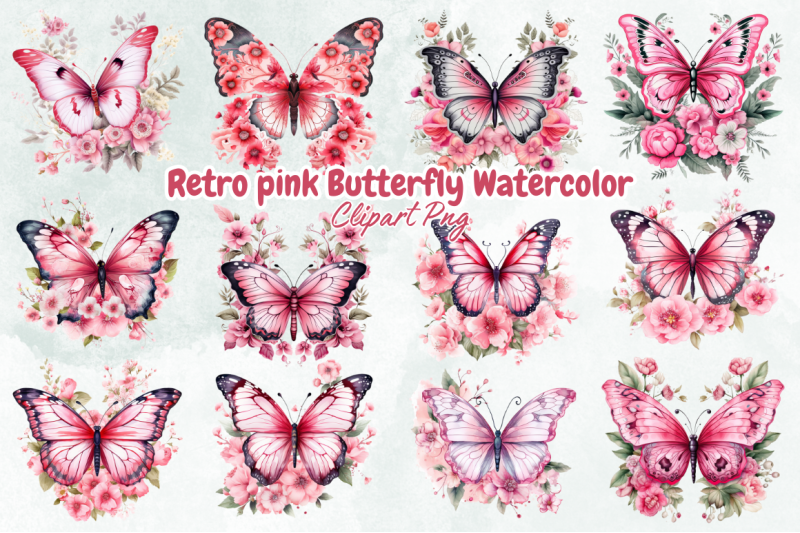 retro-pink-butterfly-watercolor-clipart