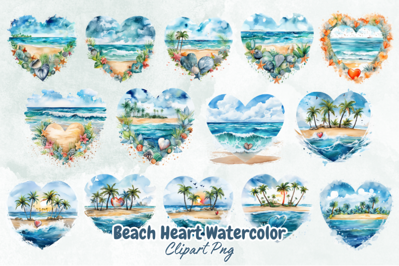 beach-heart-watercolor-clipart-bundle