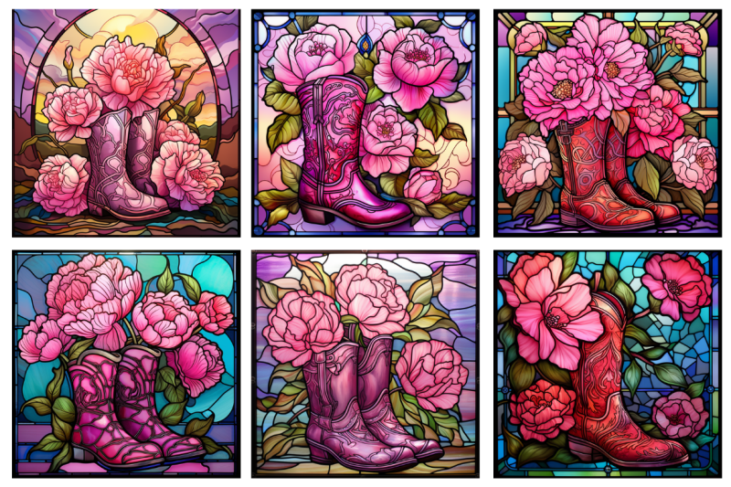 stained-glass-pink-peonies-cowgirl-boots-backgrounds-bundle