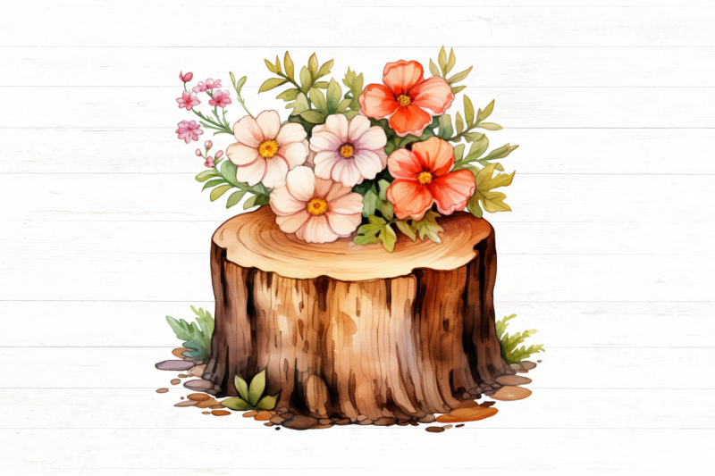 flower-wooden-stump-watercolor-clipart