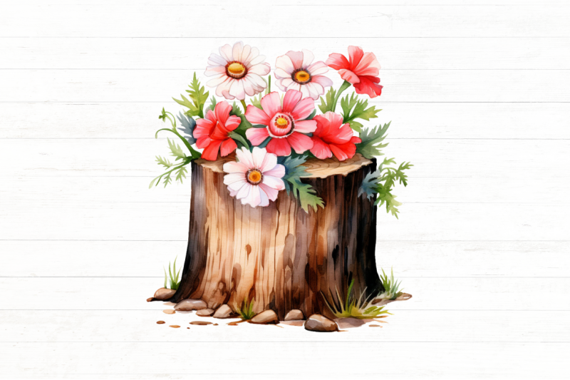 flower-wooden-stump-watercolor-clipart