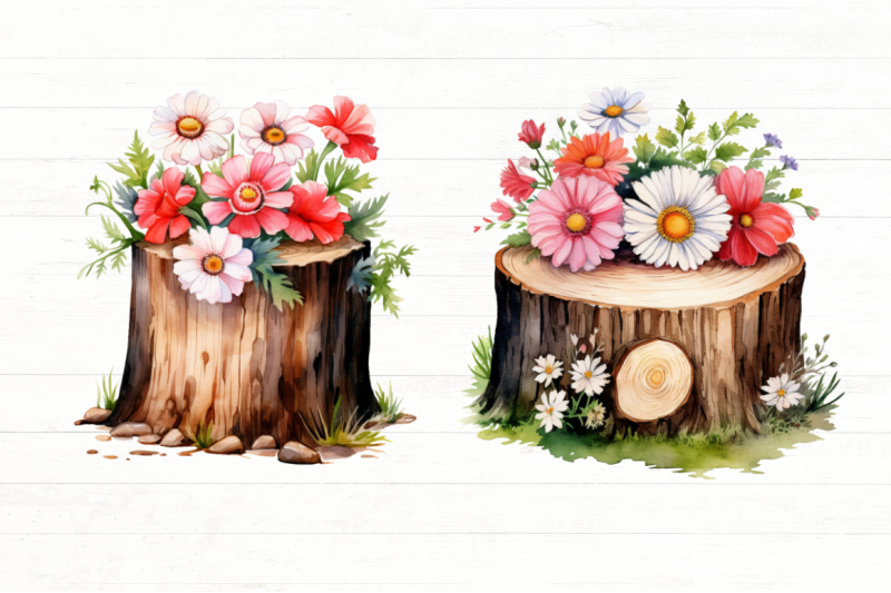 flower-wooden-stump-watercolor-clipart