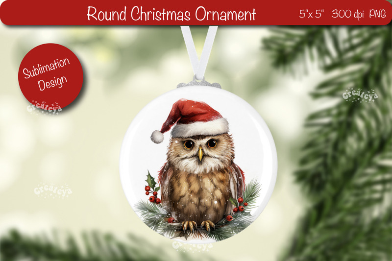 round-christmas-ornament-sublimation-watercolor-owl-png