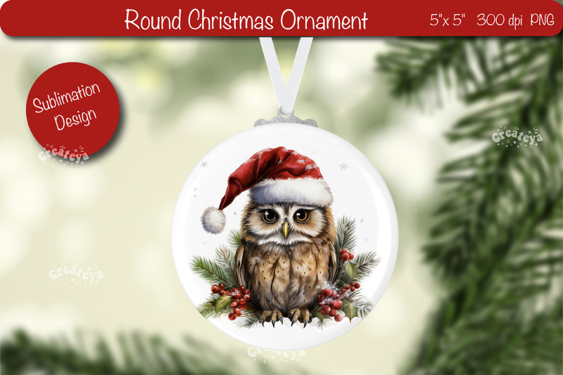 round-christmas-ornament-sublimation-watercolor-owl-png