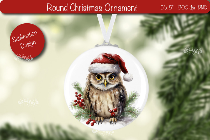 round-christmas-ornament-sublimation-watercolor-owl-png