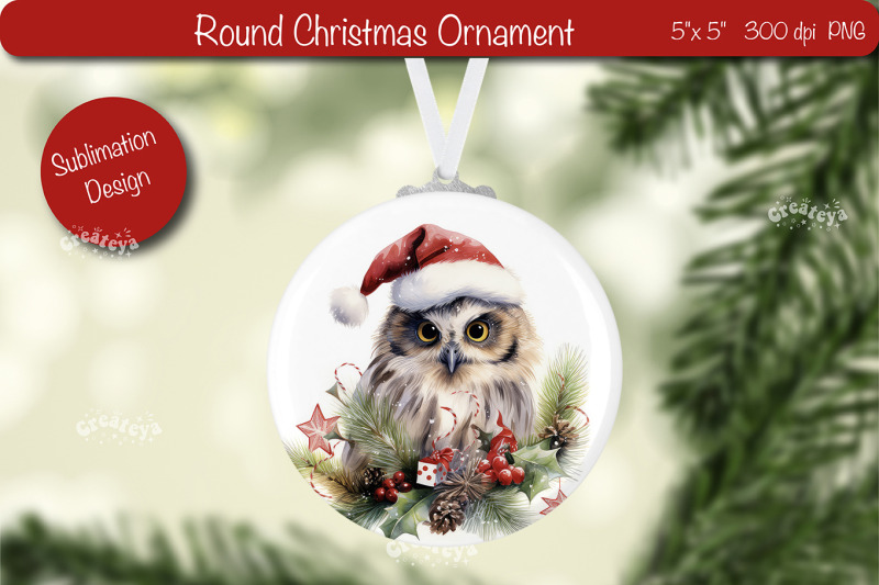 round-christmas-ornament-sublimation-watercolor-owl-png