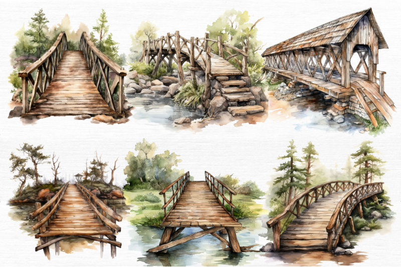 old-timber-bridge-watercolor-clipart-bundle