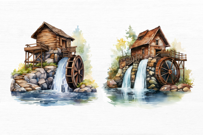 water-wheel-watercolor-clipart-bundle