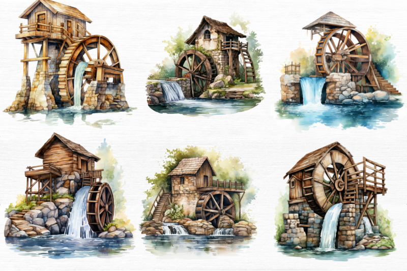 water-wheel-watercolor-clipart-bundle