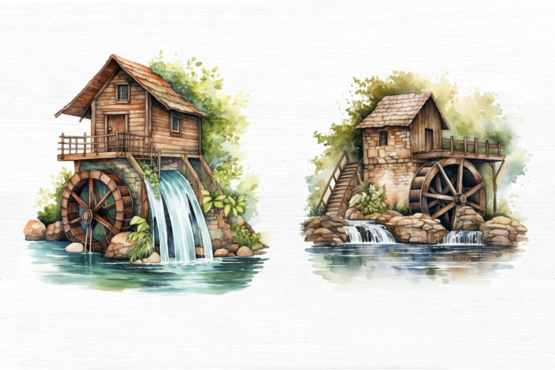 water-wheel-watercolor-clipart-bundle