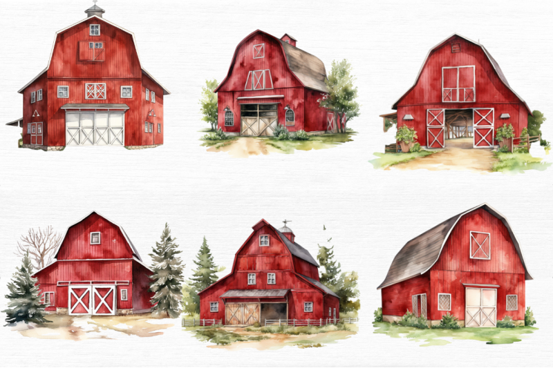 watercolor-red-barn-sublimation-clipart-bundle