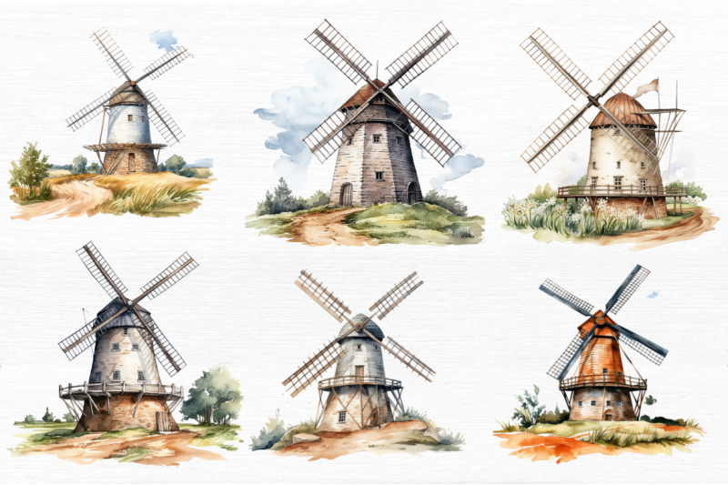 windmill-watercolor-clipart-bundle