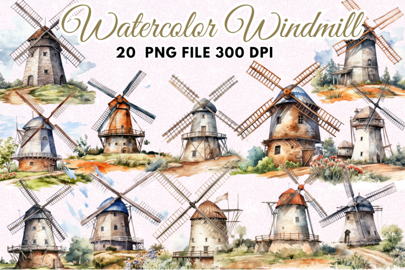 windmill-watercolor-clipart-bundle