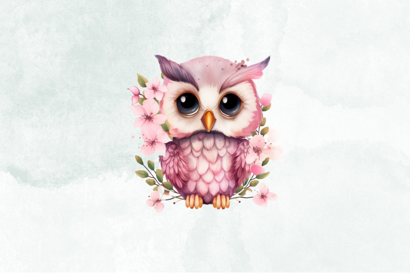 cute-owl-pink-floral-watercolor-clipart